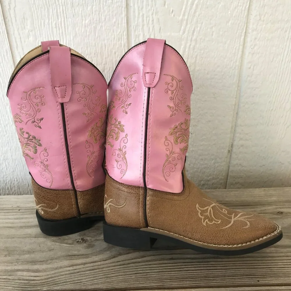Old West Girls Kid Tan Leather and Pink Western Boots 3.0 D